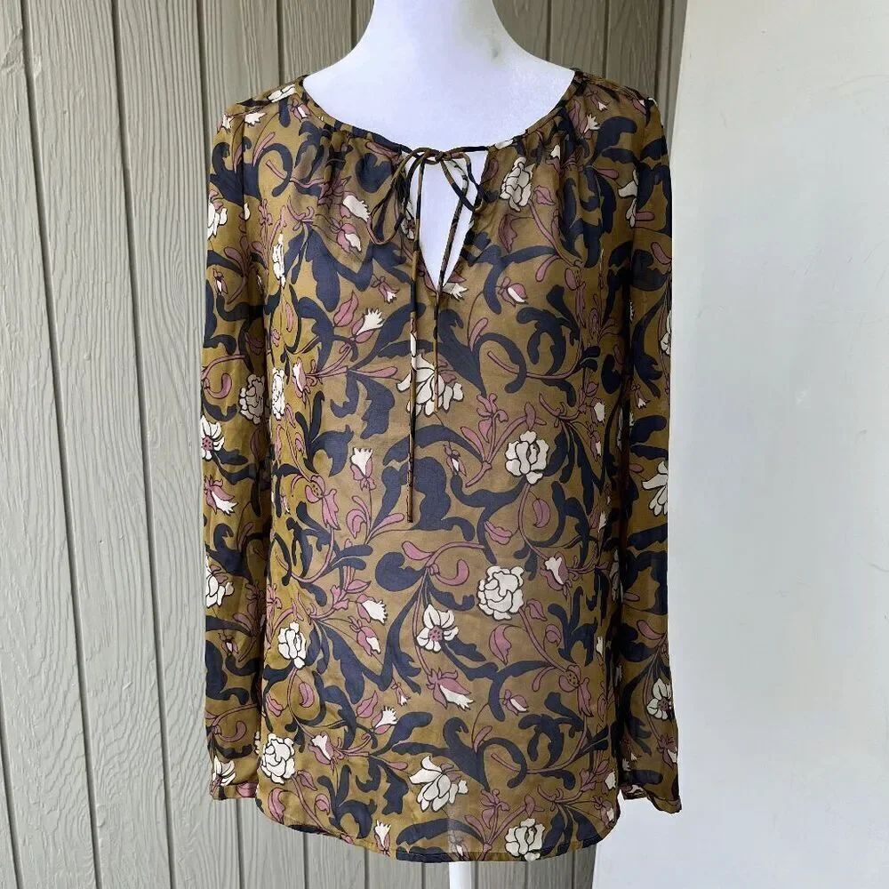 LOFT XS Oversized Floral Blouse Tie Neck Brown Navy Pink White Flowy Top